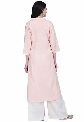 Solid Color Cotton Straight Kurta Set in Pink