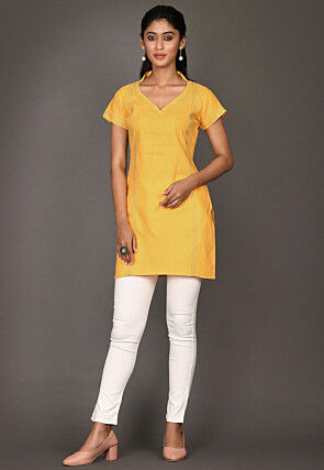 Solid Color Cotton Straight Kurti in Yellow