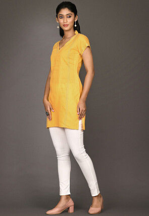 Solid Color Cotton Straight Kurti in Yellow