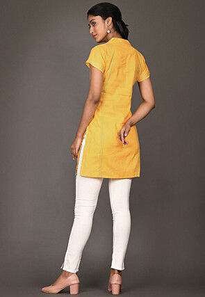 Solid Color Cotton Straight Kurti in Yellow
