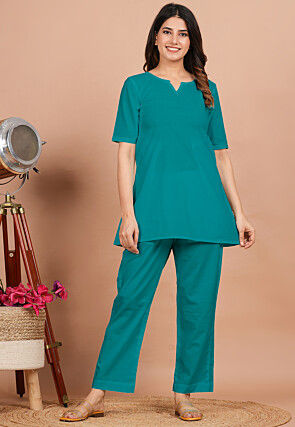 Solid Color Cotton Tunic in Teal Green