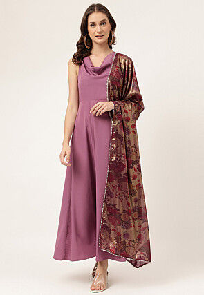 Solid Color Crepe Abaya Style Suit in Purple