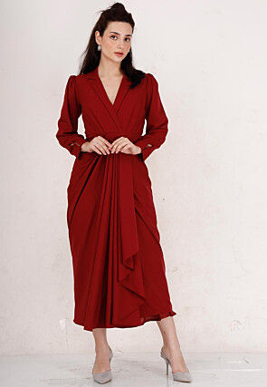 Solid Color Crepe Draped Dress in Maroon
