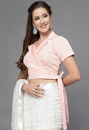 Solid Color Crepe Front Tie Up Blouse in Peach