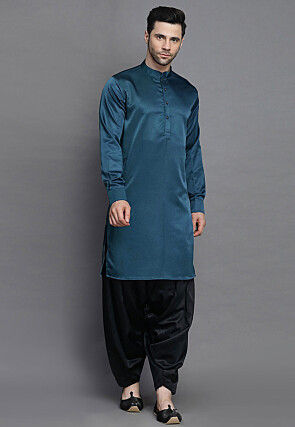 Solid Color Crepe Kurta in Teal Blue