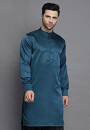 Solid Color Crepe Kurta in Teal Blue