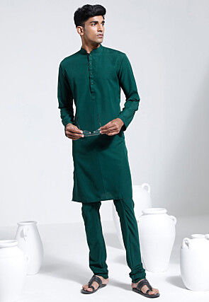 Solid Color Crepe Kurta Set in Dark Teal Green