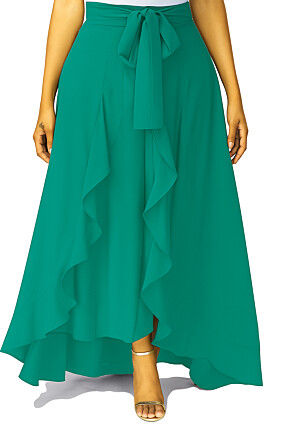 Solid Color Crepe Ruffle Palazzo in Teal Green