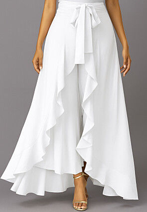Solid Color Crepe Ruffle Palazzo in White
