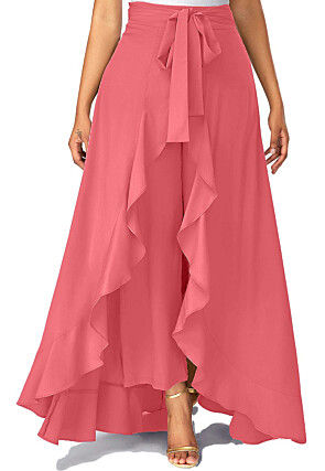 Solid Color Crepe Skirt Style Palazzo in Coral Pink