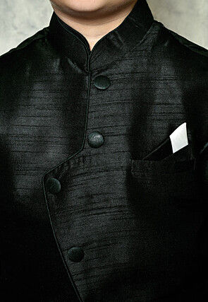 Solid Color Dupion Dhoti Kurta Jacket in Dark Green and Black