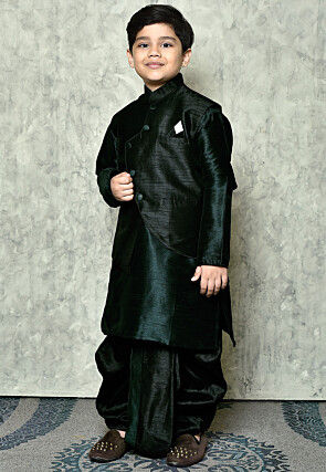 Solid Color Dupion Dhoti Kurta Jacket in Dark Green and Black