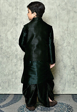 Solid Color Dupion Dhoti Kurta Jacket in Dark Green and Black