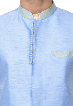 Solid Color Dupion Kurta Jacket Set in Beige and Light Blue
