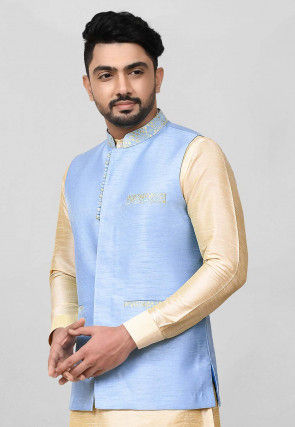 Solid Color Dupion Kurta Jacket Set in Beige and Light Blue