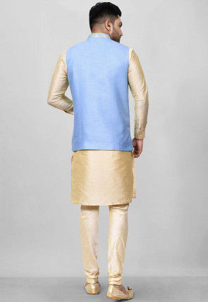 Solid Color Dupion Kurta Jacket Set in Beige and Light Blue