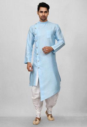 Solid Color Dupion Silk Asymmetric Dhoti Kurta in Light Blue