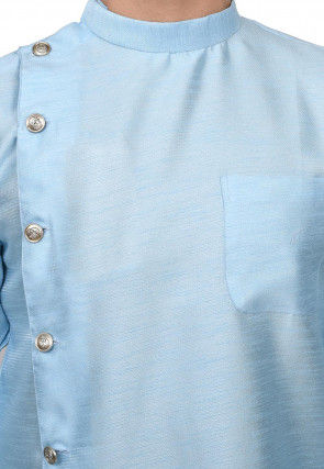 Solid Color Dupion Silk Asymmetric Dhoti Kurta in Light Blue