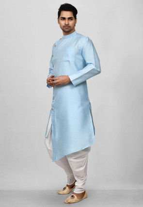 Solid Color Dupion Silk Asymmetric Dhoti Kurta in Light Blue