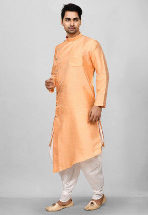 Solid Color Dupion Silk Asymmetric Dhoti Kurta in Orange
