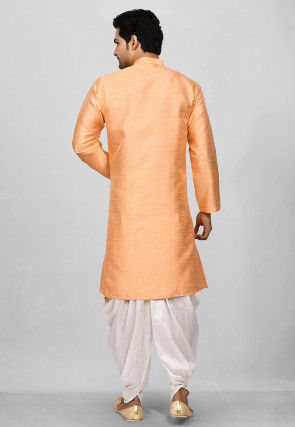 Solid Color Dupion Silk Asymmetric Dhoti Kurta in Orange