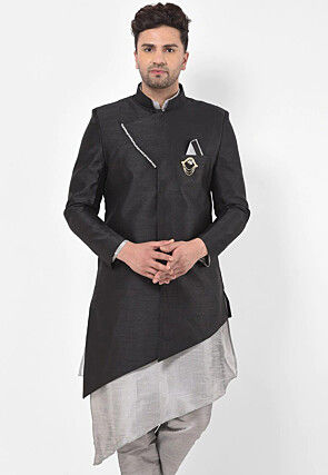 Solid Color Dupion Silk Asymmetric Jacket in Black