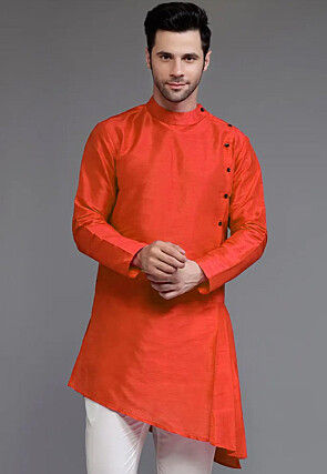 Solid Color Dupion Silk Asymmetric Kurta in Rust