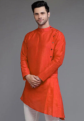Solid Color Dupion Silk Asymmetric Kurta in Rust