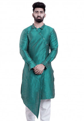 Solid Color Dupion Silk Asymmetric Kurta in Turquoise