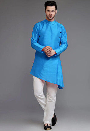 Solid Color Dupion Silk Asymmetric Kurta Set in Blue
