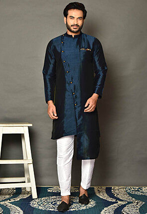 Solid Color Dupion Silk Asymmetric Kurta Set in Dark Navy Blue