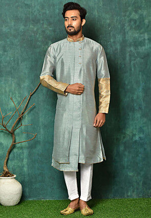 Henith Collection Ready to Wear Mens Dupion Silk Casual and Festive Indian Solid Kurta with Churidar and Sherwani 
