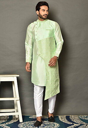 Solid Color Dupion Silk Asymmetric Kurta Set in Light Green