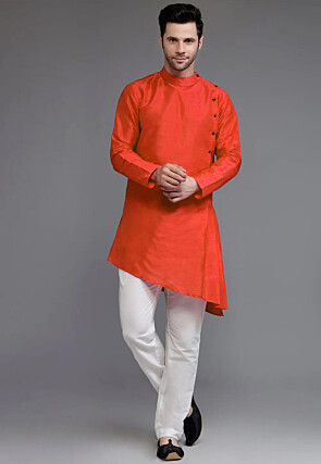 Solid Color Dupion Silk Asymmetric Kurta Set in Rust