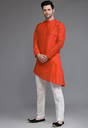 Solid Color Dupion Silk Asymmetric Kurta Set in Rust