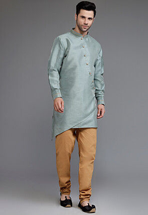Solid Color Dupion Silk Asymmetric Kurta Set in Light Grey