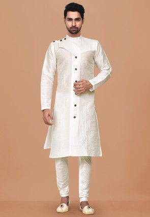 Solid Color Dupion Silk Asymmetric Sherwani in White