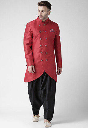 Solid Color Dupion Silk Asymmetrical Sherwani in Dark Pink