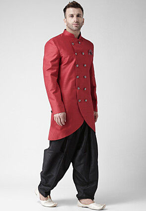 Solid Color Dupion Silk Asymmetrical Sherwani in Dark Pink