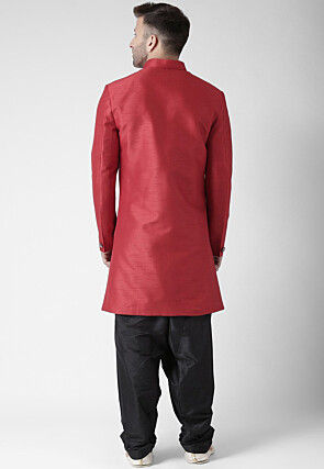 Solid Color Dupion Silk Asymmetrical Sherwani in Dark Pink