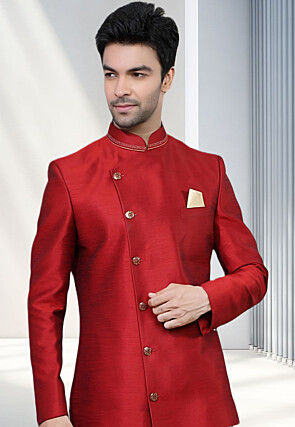 Solid Color Dupion Silk Bandhgala in Red