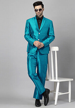 Solid Color Dupion Silk Blazer in Teal Blue