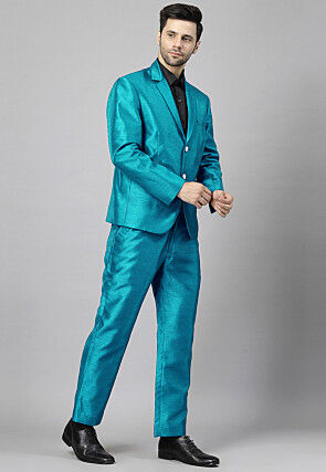 Solid Color Dupion Silk Blazer in Teal Blue