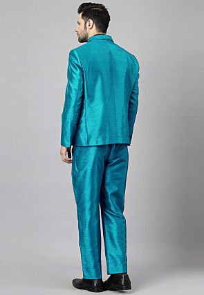 Solid Color Dupion Silk Blazer in Teal Blue