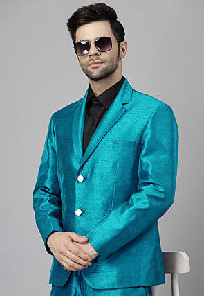 Solid Color Dupion Silk Blazer in Teal Blue
