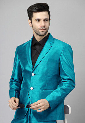 Solid Color Dupion Silk Blazer in Teal Blue
