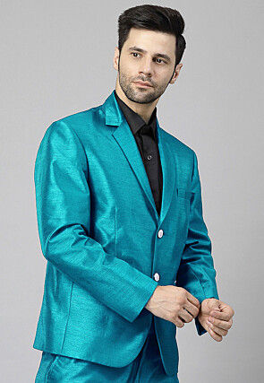Solid Color Dupion Silk Blazer in Teal Blue