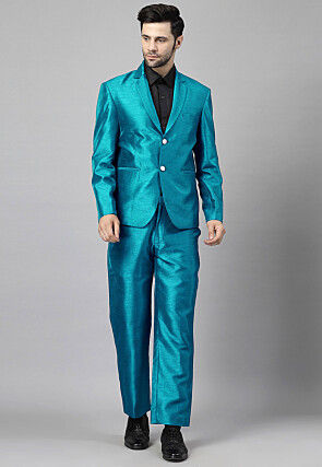 Solid Color Dupion Silk Blazer in Teal Blue