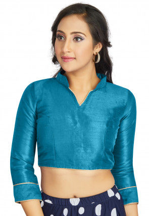 Solid Color Dupion Silk Blouse in Teal Blue : UYH320
