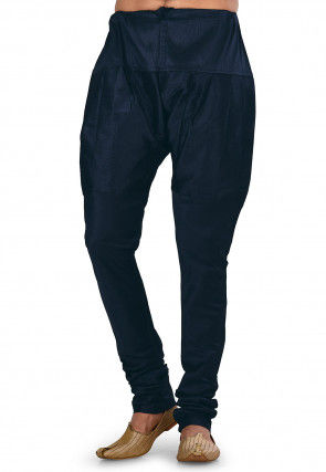 Solid Color Dupion Silk Churidar in Navy Blue